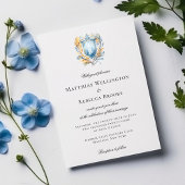 Romantisch Klassiek Blauw Crest Monogram Bruiloft Kaart
