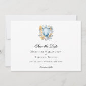 Romantisch Klassiek Blauw Crest Monogram Bruiloft Save The Date (Voorkant)