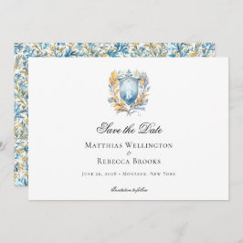Romantisch Klassiek Blauw Crest Monogram Bruiloft Save The Date