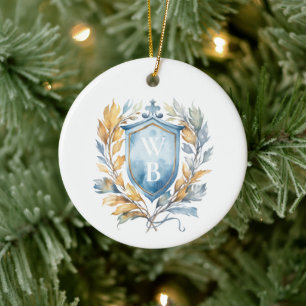 Romantisch Klassiek Blauw Monogram Crest Bruiloft Keramisch Ornament