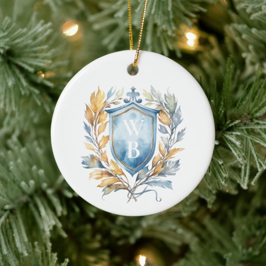 Romantisch Klassiek Blauw Monogram Crest Bruiloft Keramisch Ornament (Boom)