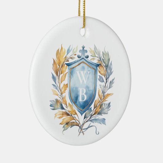 Romantisch Klassiek Blauw Monogram Crest Bruiloft Keramisch Ornament (Rechts)
