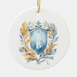 Romantisch Klassiek Blauw Monogram Crest Bruiloft Keramisch Ornament