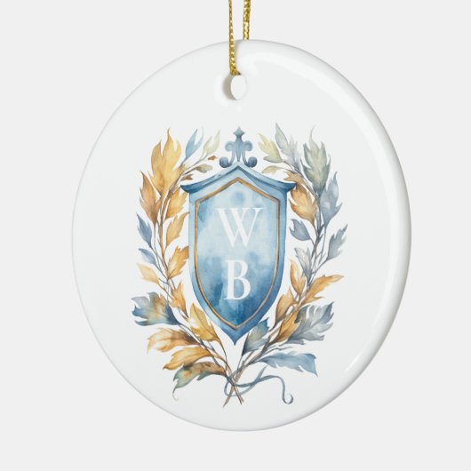 Romantisch Klassiek Blauw Monogram Crest Bruiloft Keramisch Ornament (Links)
