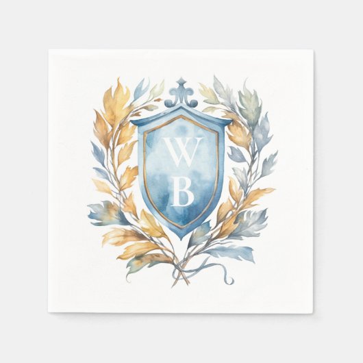 Romantisch Klassiek Blauw Monogram Crest Bruiloft Servet (Voorkant)