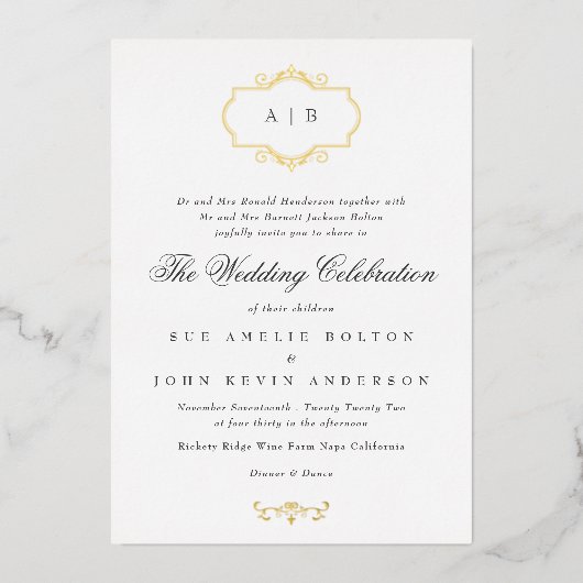 romantisch klassiek echt goud met monogram bruilof folie uitnodiging (Voorkant)