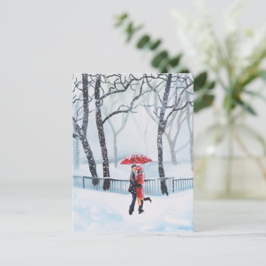 Romantisch koppel danst op sneeuwrode paraplu briefkaart (Staand voorkant)