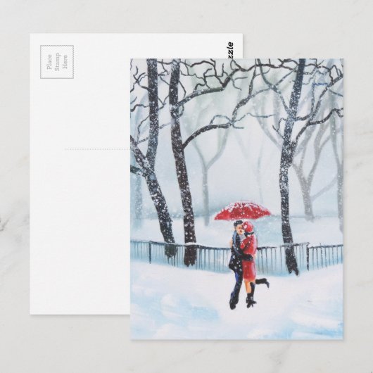 Romantisch koppel danst op sneeuwrode paraplu briefkaart (Voorkant / Achterkant)