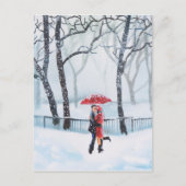 Romantisch koppel danst op sneeuwrode paraplu briefkaart (Voorkant)