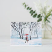 Romantisch koppel danst op sneeuwrode paraplu briefkaart (Staand voorkant)