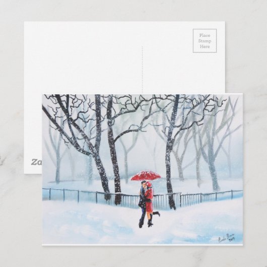 Romantisch koppel danst op sneeuwrode paraplu briefkaart (Voorkant / Achterkant)