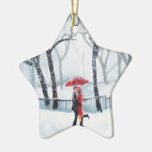 Romantisch koppel danst op sneeuwrode paraplu keramisch ornament (Links)