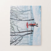 Romantisch koppel danst op sneeuwrode paraplu legpuzzel (Verticaal)