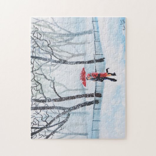 Romantisch koppel danst op sneeuwrode paraplu legpuzzel (Verticaal)