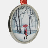 Romantisch koppel danst op sneeuwrode paraplu metalen ornament (Rechts)