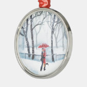 Romantisch koppel danst op sneeuwrode paraplu metalen ornament (Links)