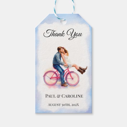 Romantisch koppel fiets bruiloft bedankt cadeaulabel (Voorkant)