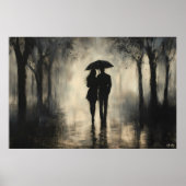 Romantisch koppel in regen – minimalistische houts poster (Voorkant)