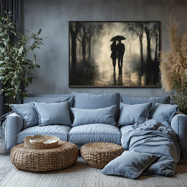 Romantisch koppel in regen – minimalistische houts poster