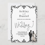 Romantisch koppel zwart-wit delicate bruiloft kaart (Voorkant)