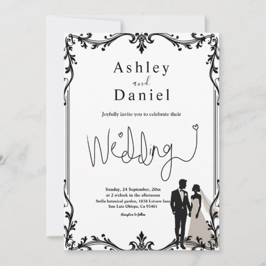 Romantisch koppel zwart-wit delicate bruiloft kaart (Voorkant)