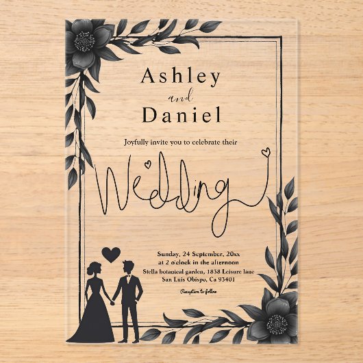 Romantisch koppel zwart-wit elegante bruiloft acryl uitnodigingen (Voorkant)