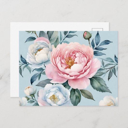 Romantisch Licht Blauw Roze Pioen Bloemen Briefkaart (Voorkant / Achterkant)