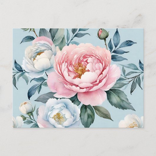 Romantisch Licht Blauw Roze Pioen Bloemen Briefkaart (Voorkant)