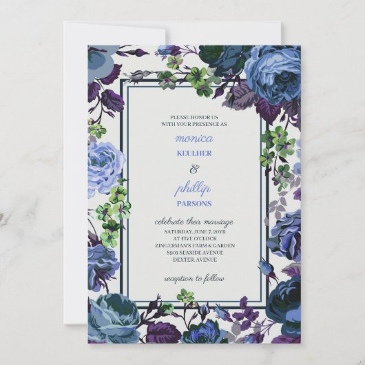 Romantisch licht staal blauw kool Rozen bruiloft Kaart (Voorkant)