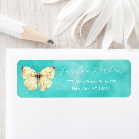 Romantisch lichtblauw vlinderlabel etiket (Insitu)