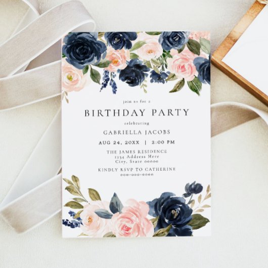 Romantisch & Lief Navy Blush Bloemen Verjaardagsfe Kaart