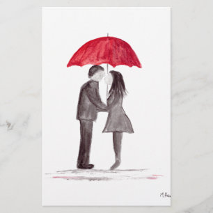 Romantisch liefdeskoppel met rode paraplu-waterver briefpapier