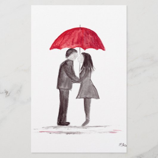 Romantisch liefdeskoppel met rode paraplu-waterver briefpapier (Voorkant)
