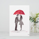 Romantisch liefdeskoppel met rode paraplu-waterver briefpapier (Staand voorkant)