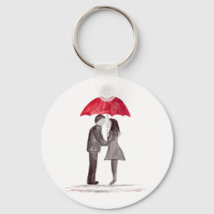 Romantisch liefdeskoppel met rode paraplu-waterver sleutelhanger
