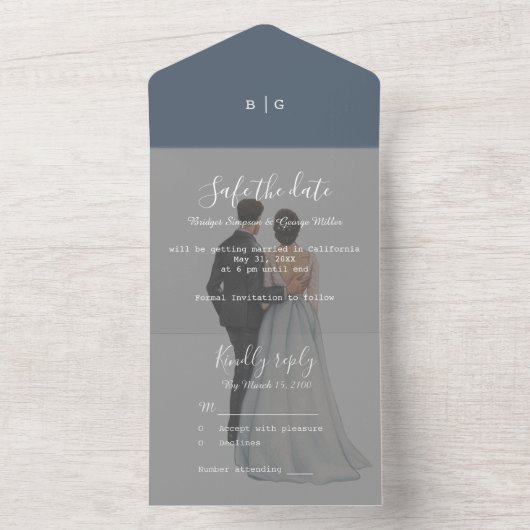 romantisch lila paar foto bruiloft veilig de datum all in one uitnodiging (Binnen)