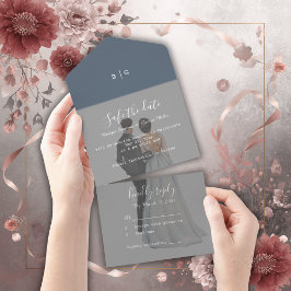 romantisch lila paar foto bruiloft veilig de datum all in one uitnodiging