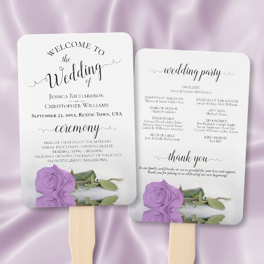 Romantisch Lila Paars Roos Elegant Wedding Program Handwaaier