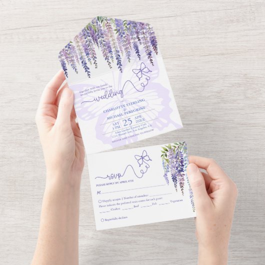 Romantisch Lila Wisteria Sprookje Bos Bruiloft All In One Uitnodiging (Afscheurbaar)
