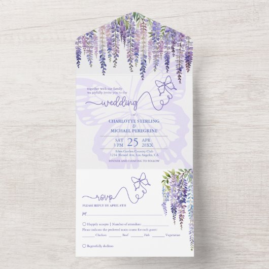 Romantisch Lila Wisteria Sprookje Bos Bruiloft All In One Uitnodiging (Binnen)