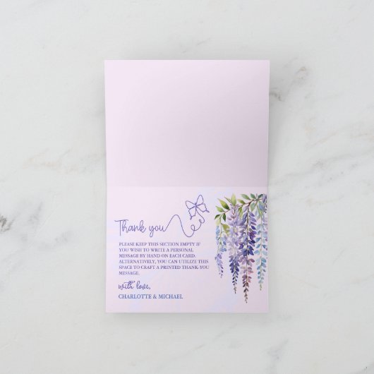 Romantisch Lila Wisteria & Vlinder Bloemenbruiloft Bedankkaart (Binnen)