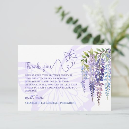 Romantisch Lila Wisteria & Vlinder Bloemenbruiloft Bedankkaart (Staand voorkant)
