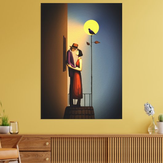 Romantisch Maanlicht Balkon –  Noir Love Canvas Afdruk (Insitu (Woonkamer))