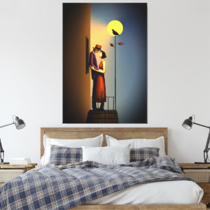 Romantisch Maanlicht Balkon – Vintage Noir Liefde Canvas Afdruk