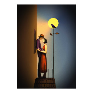 Romantisch Maanlicht Balkon – Vintage Noir Liefde Foto Afdruk