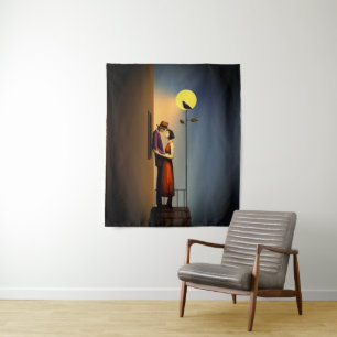 Romantisch Maanlicht Balkon – Vintage Noir Liefde Wandkleed