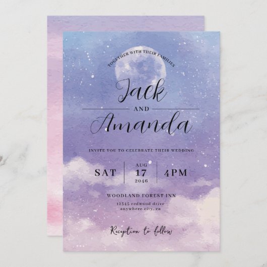 Romantisch maanlicht Waterverf huwelijksuitnodigin Kaart (Voorkant / Achterkant)