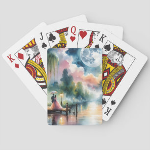 Romantisch maanlicht waterverf nachtscene pokerkaarten