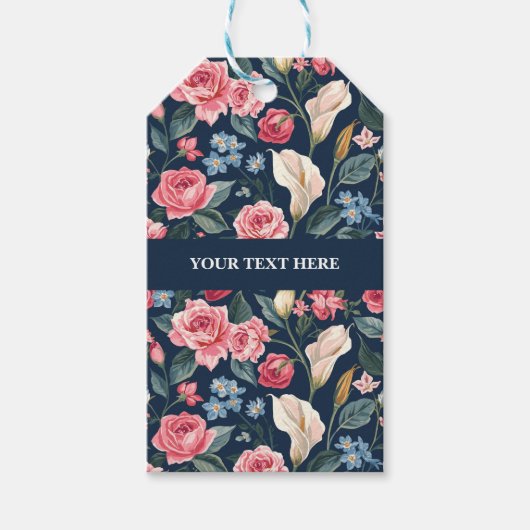 Romantisch marineblauw bloemmotief cadeaulabel (Voorkant)