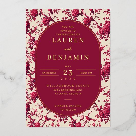 Romantisch Maroon Bloemmotief Folie Uitnodiging (Voorkant)